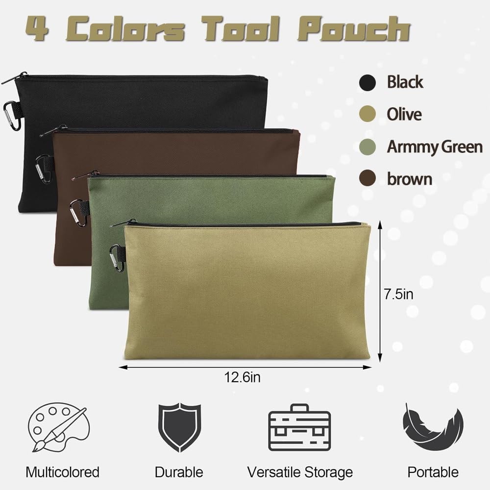 4Pcs Premium Tool Bag Set,12 inch Zippered Tool Pouch with Carabiner Clip,4 C…