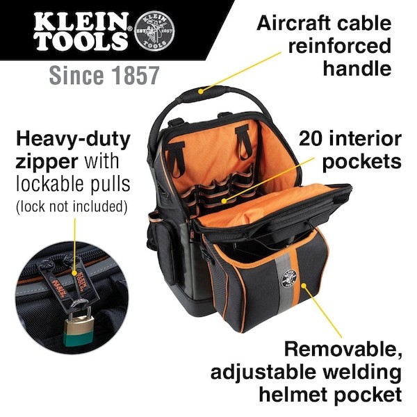 Klein Tools 55665 Tool Backpack, Black/Orange, 1680D Ballistic Weave Body; Hard