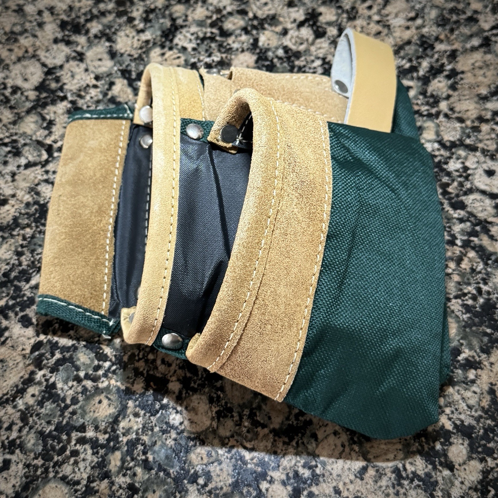 Kids Toolbelt with Leather Accents Green and Beige Light Brown Two Pocket 9x8x6