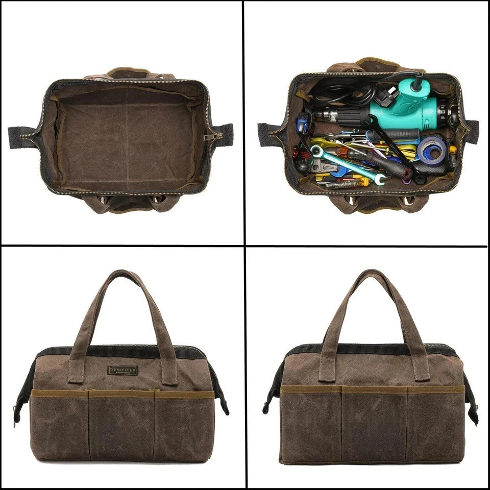 Tool Bag, 13-inch Heavy Duty 16oz Waxed Canvas Wide Mouth Water-Resistant Too