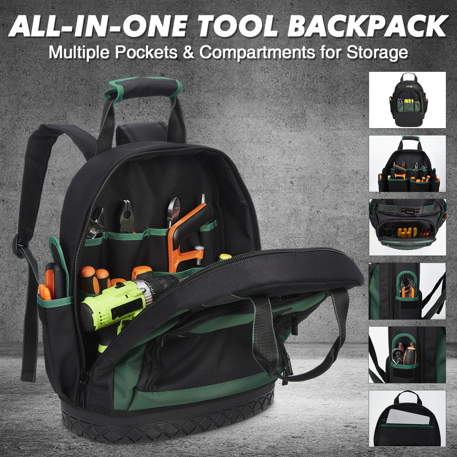 18 Inch Tool Backpack Heavy Duty Oxford Electrician Carpenter Tool Bag 9 Pockets