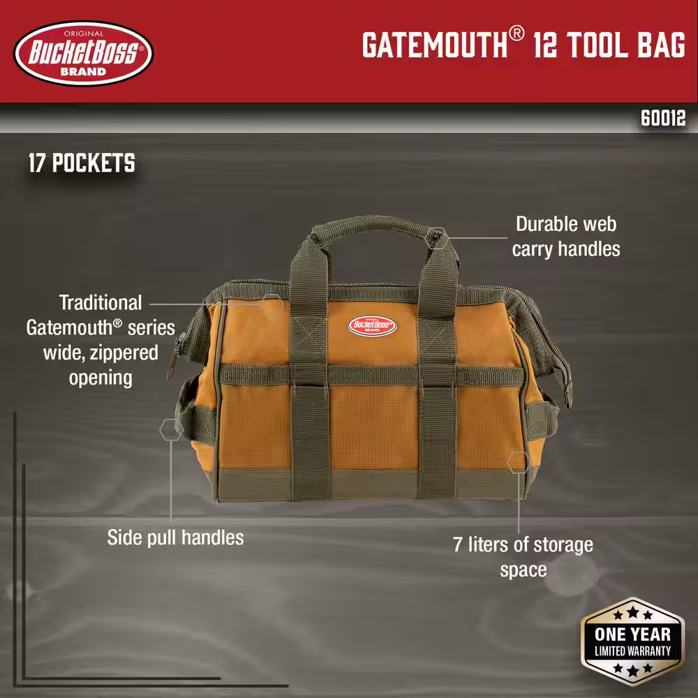 12 In. Gatemouth Tool Bag with Zippered Top and 16 Total Pockets