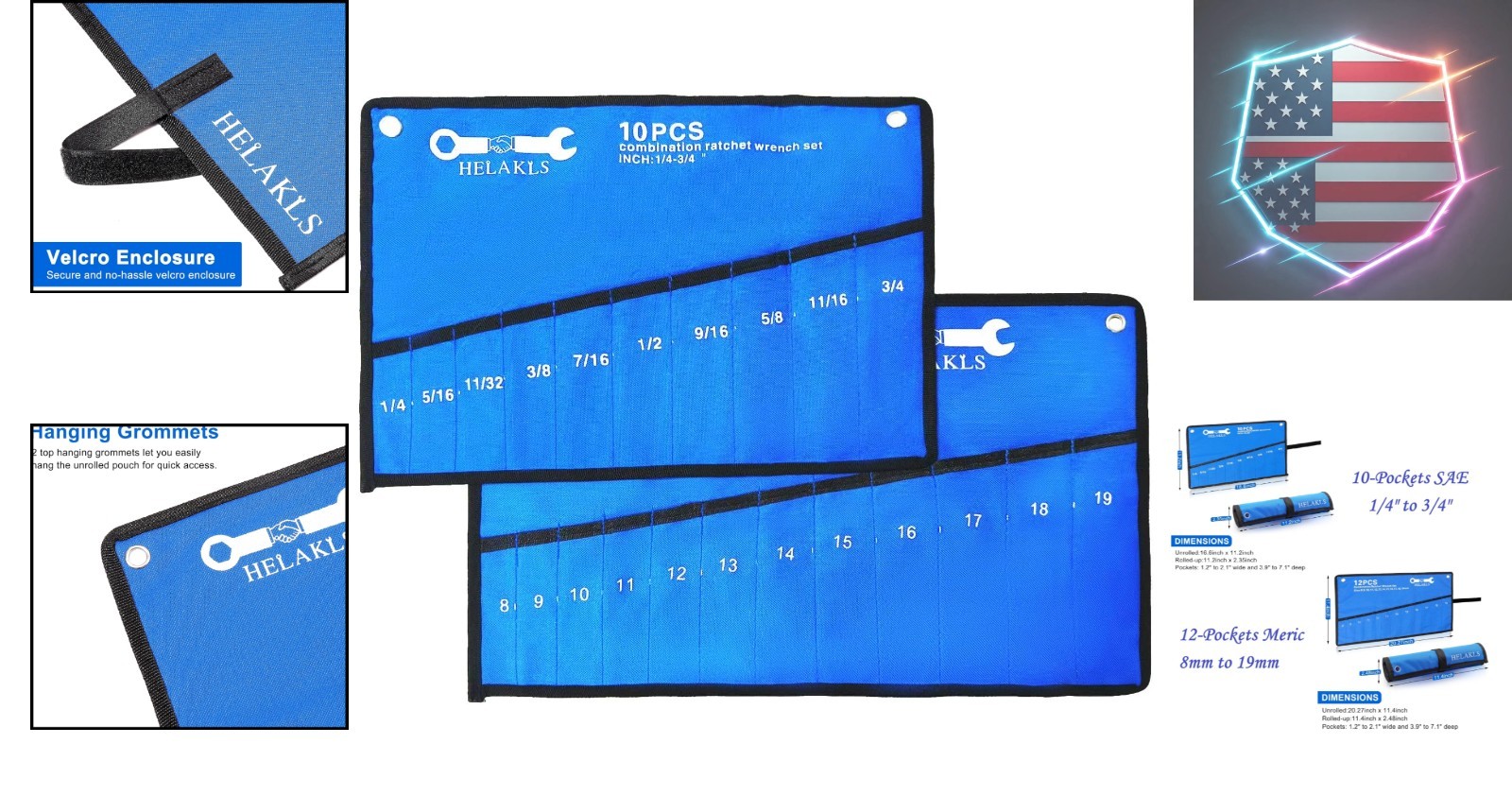 2 Pieces10 Pockets SAE+ 12 Pockets Metric Wrench Tool Roll Up Pouch Utility H…