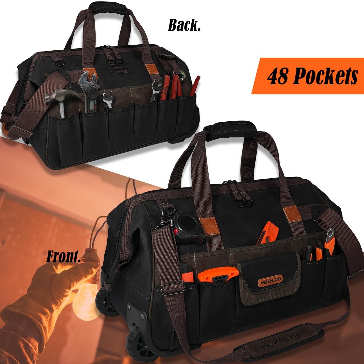 WELKINLAND 48Pockets Tool Bags With Wheels, 22Inc