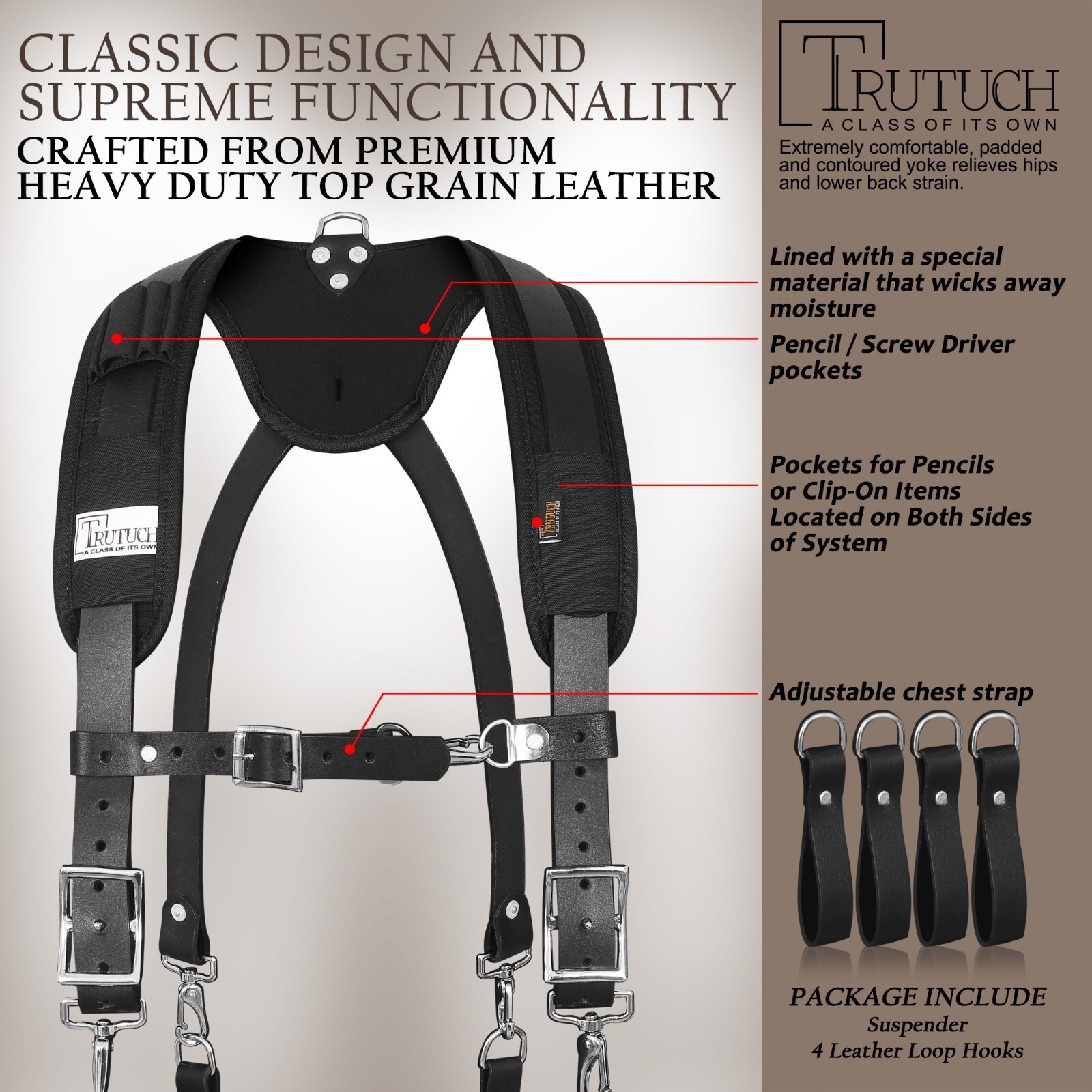 TRUTUCH Nylon and Leather Tool Belt with Leather Work Suspender | Electrician