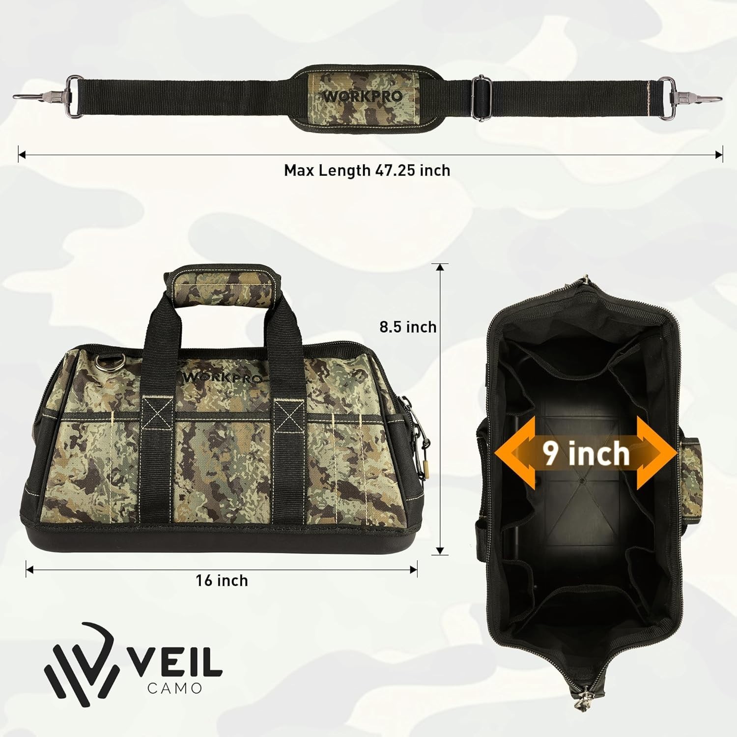 16-Inch Wide Mouth Tool Bag with 30 Compartments & Adjustable Shoulder Strap