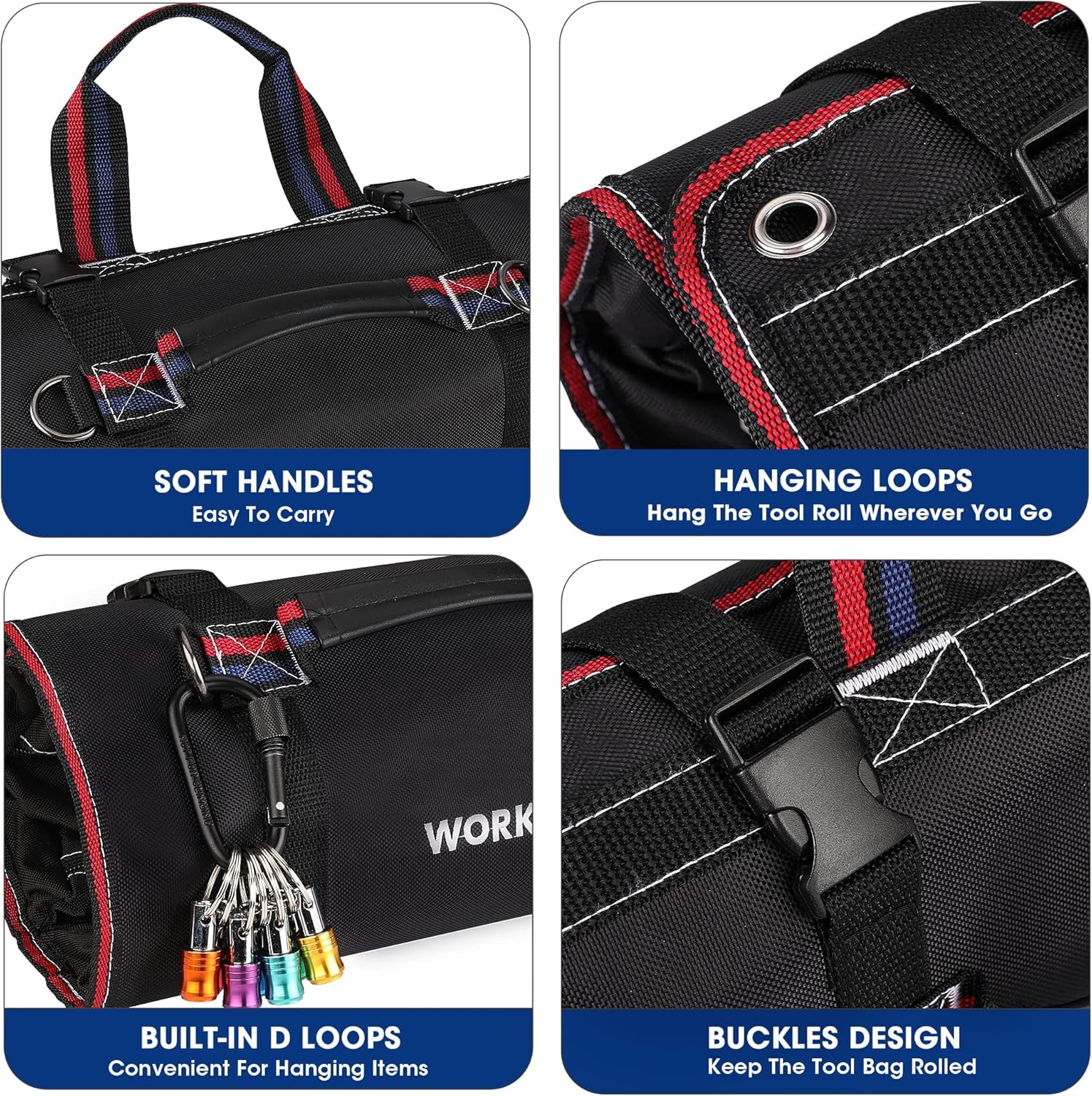 WORKPRO Heavy Duty Roll Up Tool Bag Tool Organize Detachable Pouches w/6 Pockets