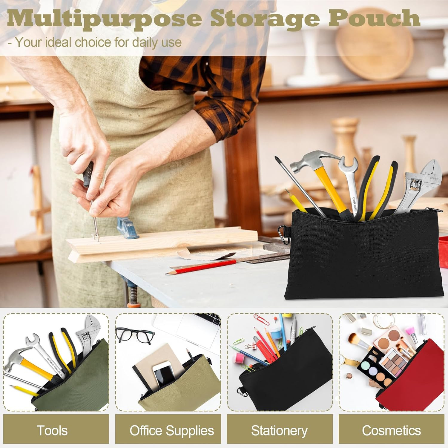 4 Pack Tool Bag, Premium Tool Pouch Zipper Bag, 12″ Tool Pouch with Zipper