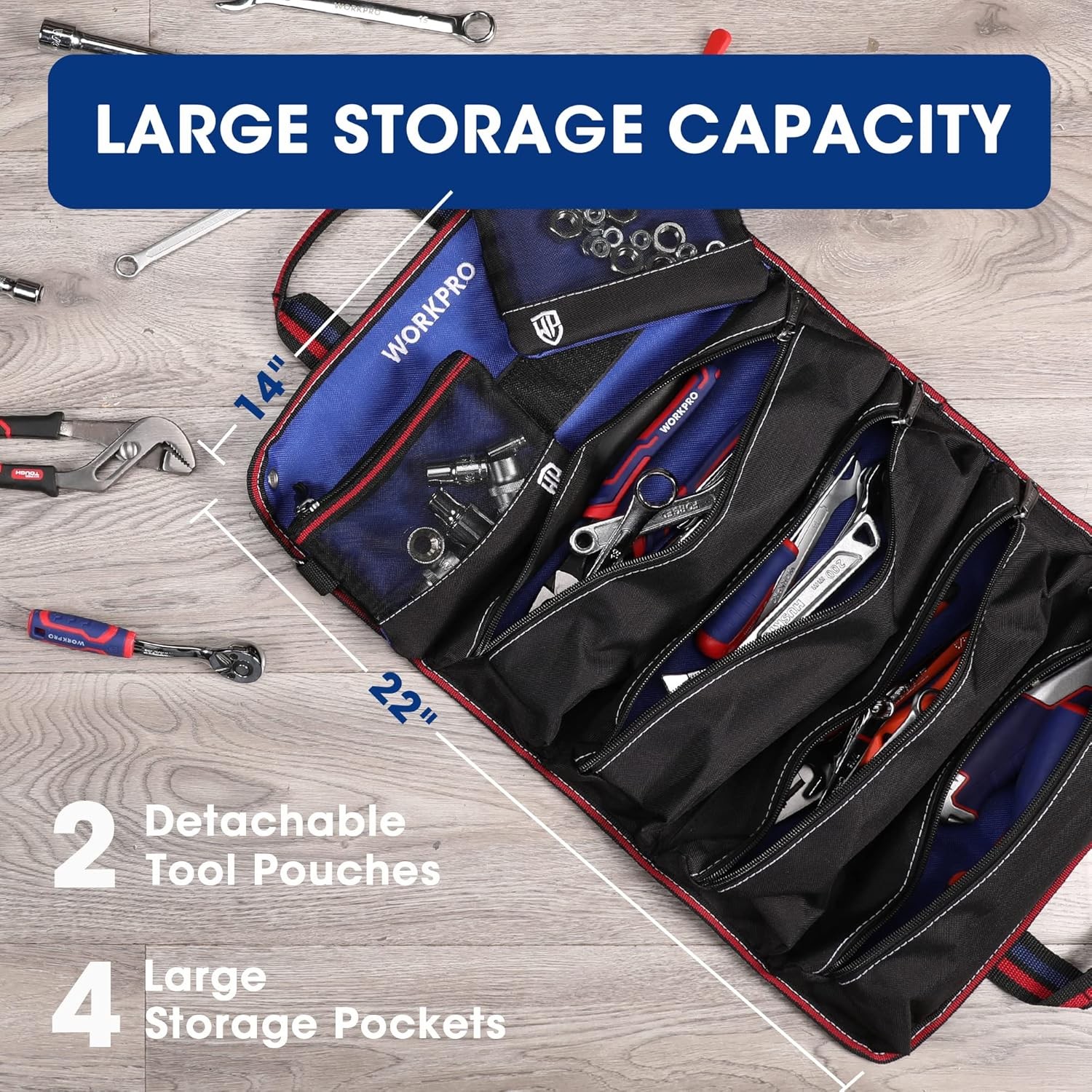 WORKPRO Heavy Duty Roll Up Tool Bag Tool Organize Detachable Pouches w/6 Pockets