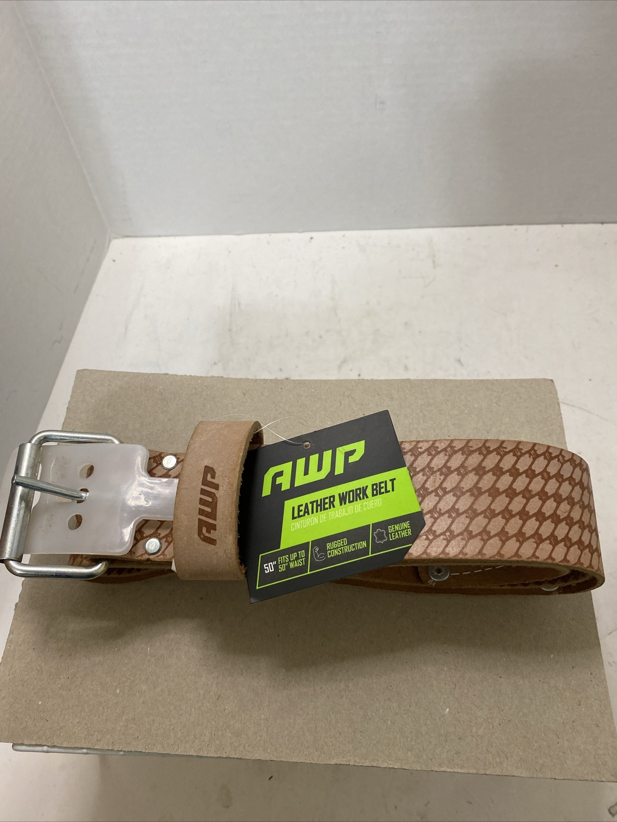 New AWP Leather Work Belt 50″ Light Brown Metal Roller Buckle Heavy Duty Tool