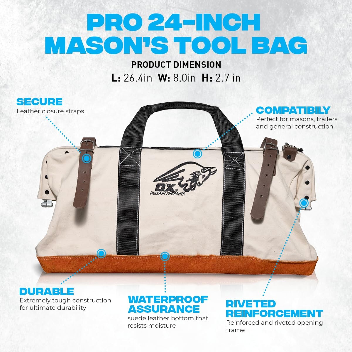 Tools Large Canvas Tool Bag 24 Inch Wide with Heavy Duty Masonry Tool Bag Str…