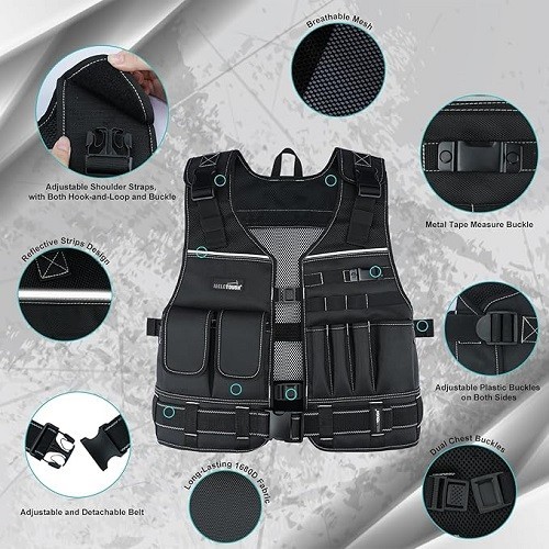 Tool Vest for Men with Pouches and Belt, Adjustable Multi-Pocket Safety Tool Ves