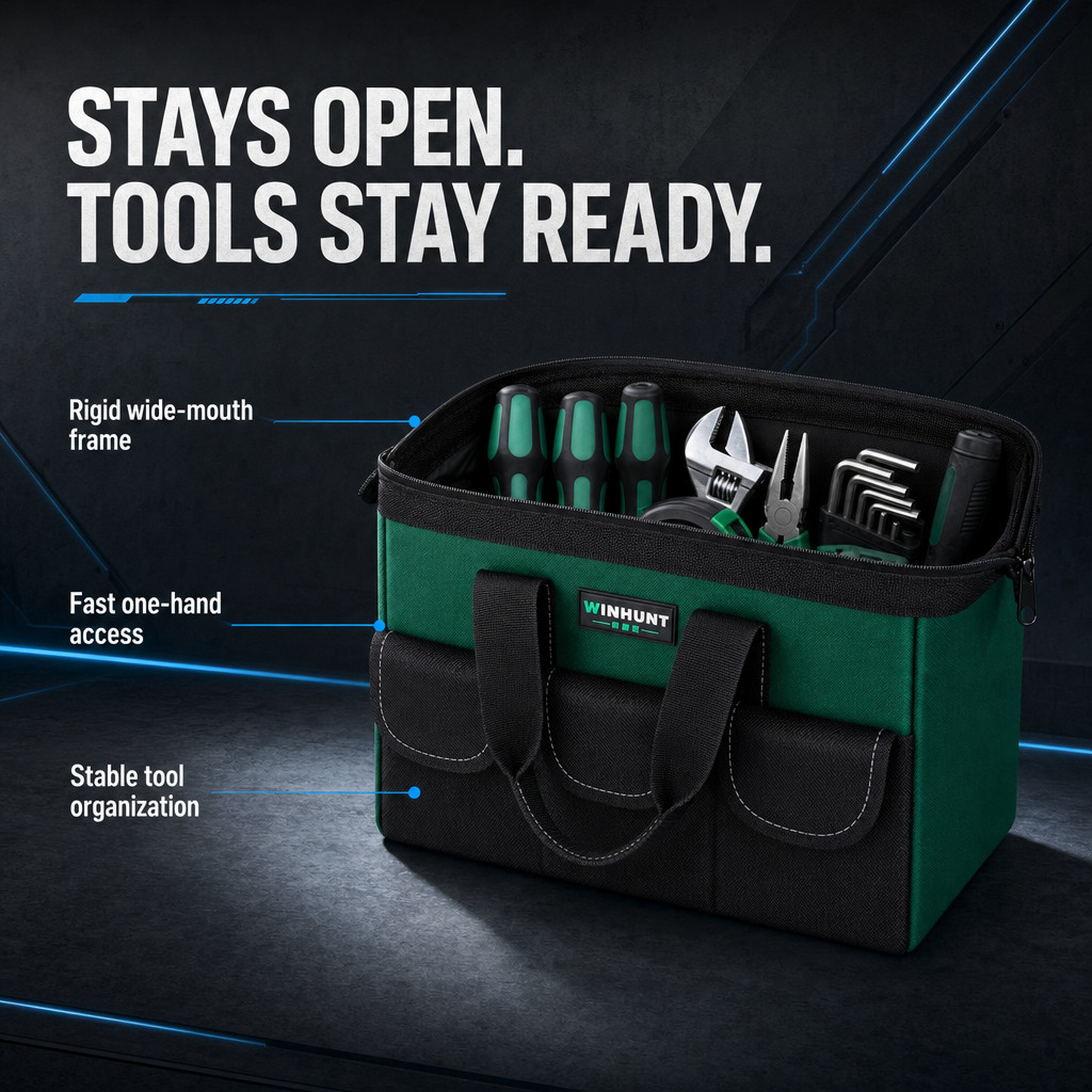 WINHUNT Wide Mouth Tool Bag Heavy Duty Electrician Plumber Tote Green 12-16.5in