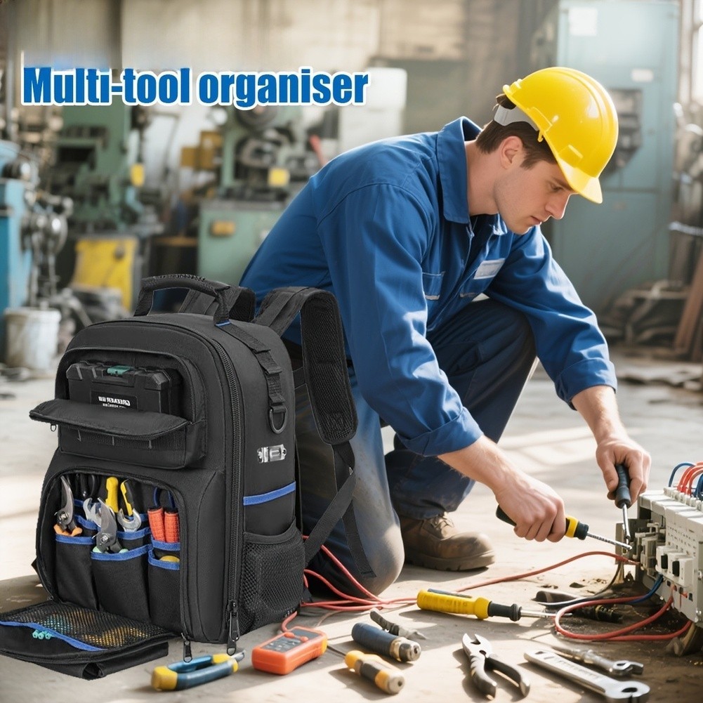 Tool Backpack with Movable Base Plate 30x16x40cm Black Fabric Construction