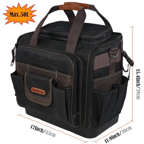 WELKINLAND 54-Pocket Electrician Tool Bag Waterproof Waxed Canvas Hard Bottom