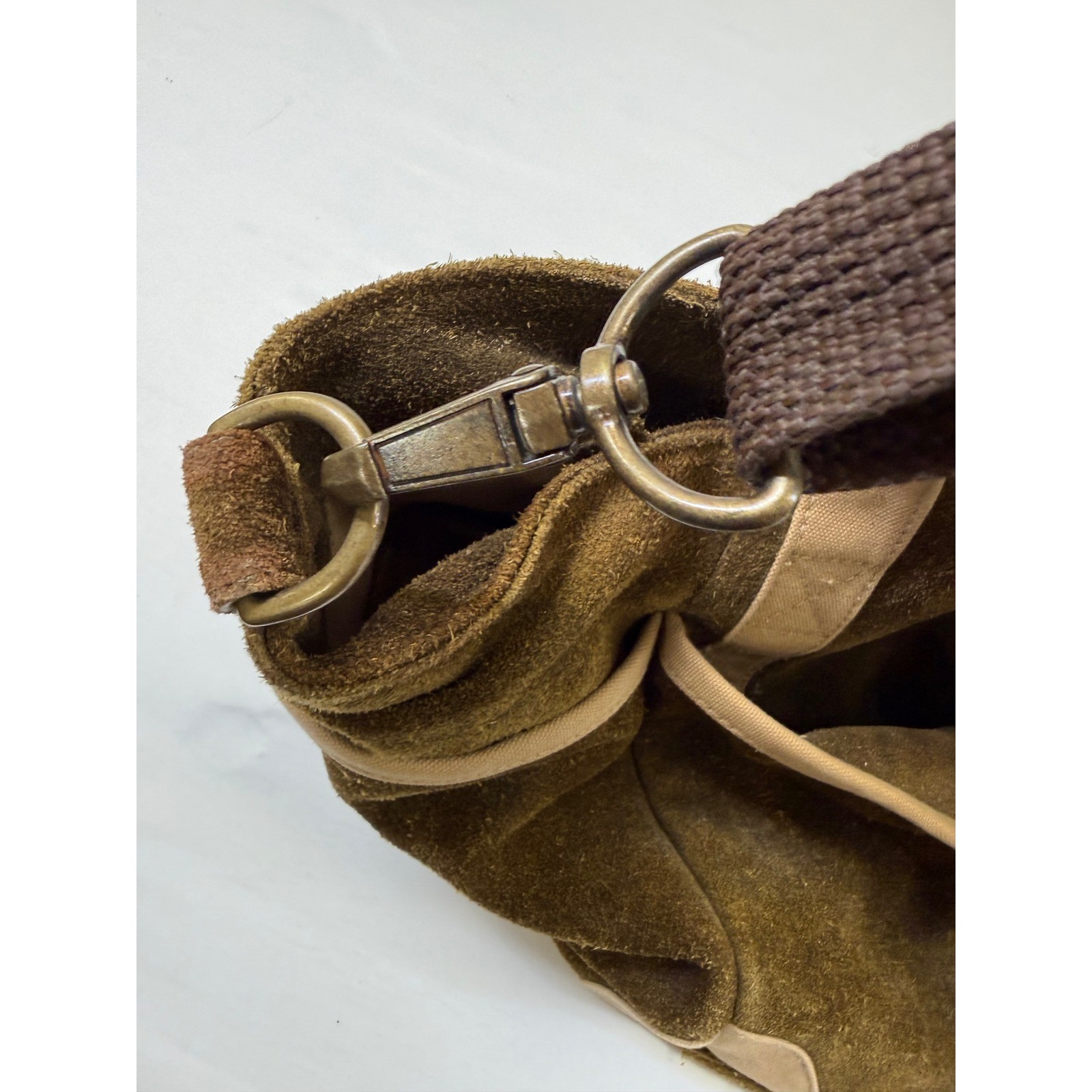 Round Suede Tool Bag Tote Canvas Trim Padded Handle Shoulder Strap Brown
