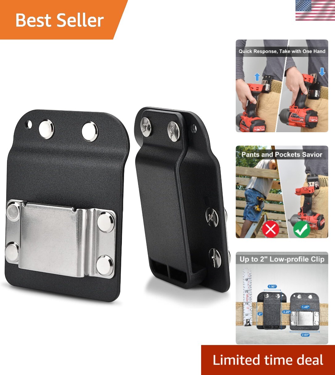 Quick Response Drill Holder – Low-Profile Tool Belt Clip for Tools Up to 2″