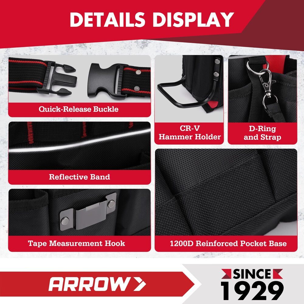 ARROW Heavy-Duty Adjustable Tool Belt Electrician Utility Tool Pouch w/10 Pocket