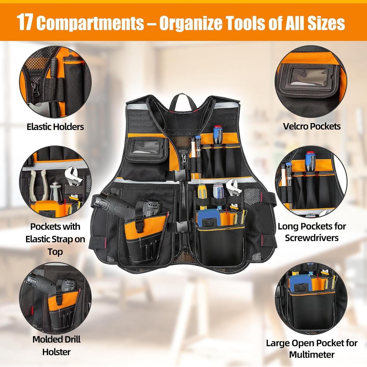 NEW Electrician Tool Vest Men Molded Drill Holster 1680D 16 Storage Orange XLXXL