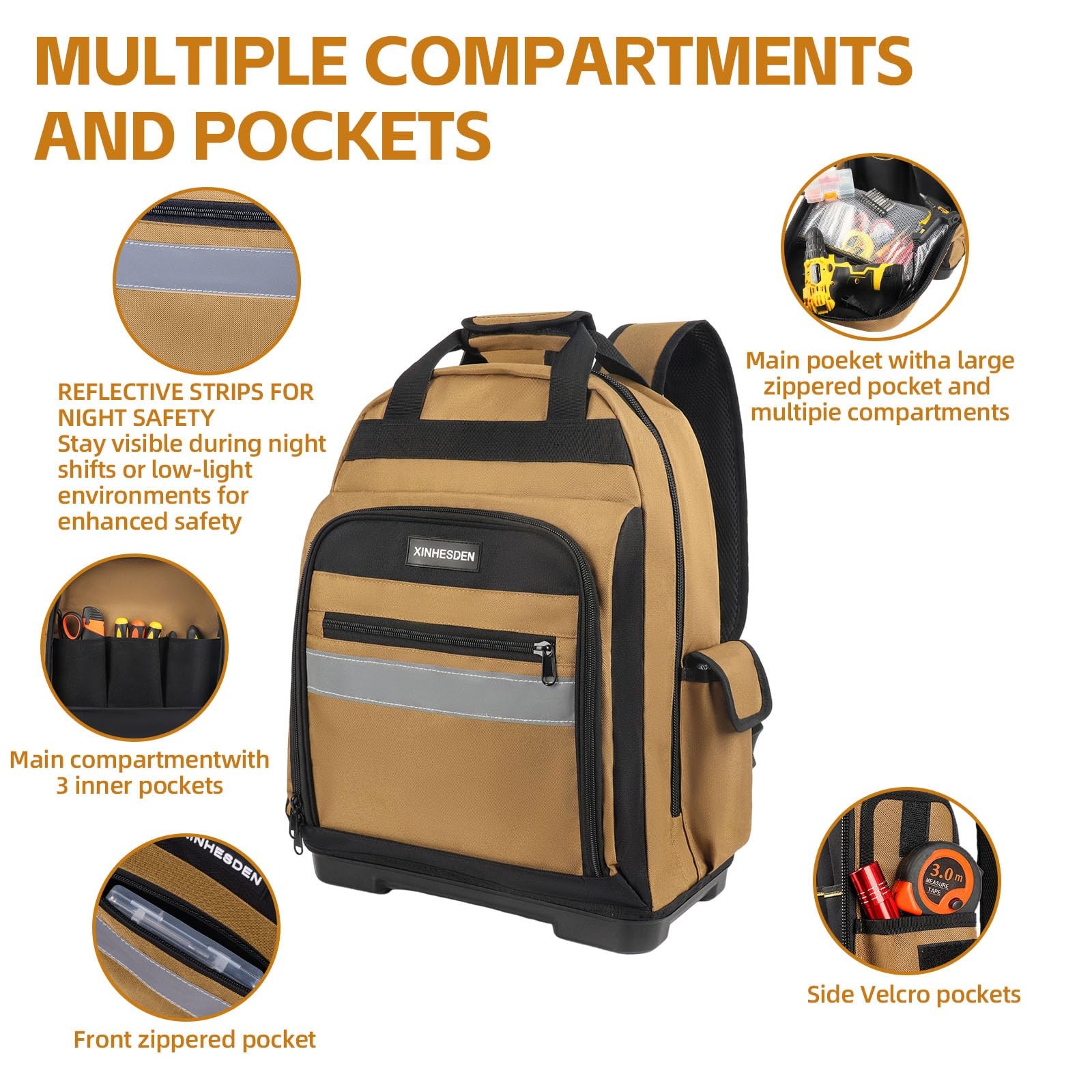 XINHESDEN Tool Bag Backpack, Heavy Duty Backpack 17*8*14.5 inches, Khaki