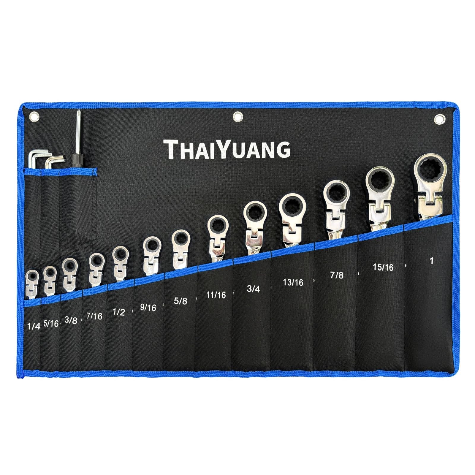 THAIYUANG 2-Pieces Tool Bag 12pockets metric+13pockets SAE, Black and Blue