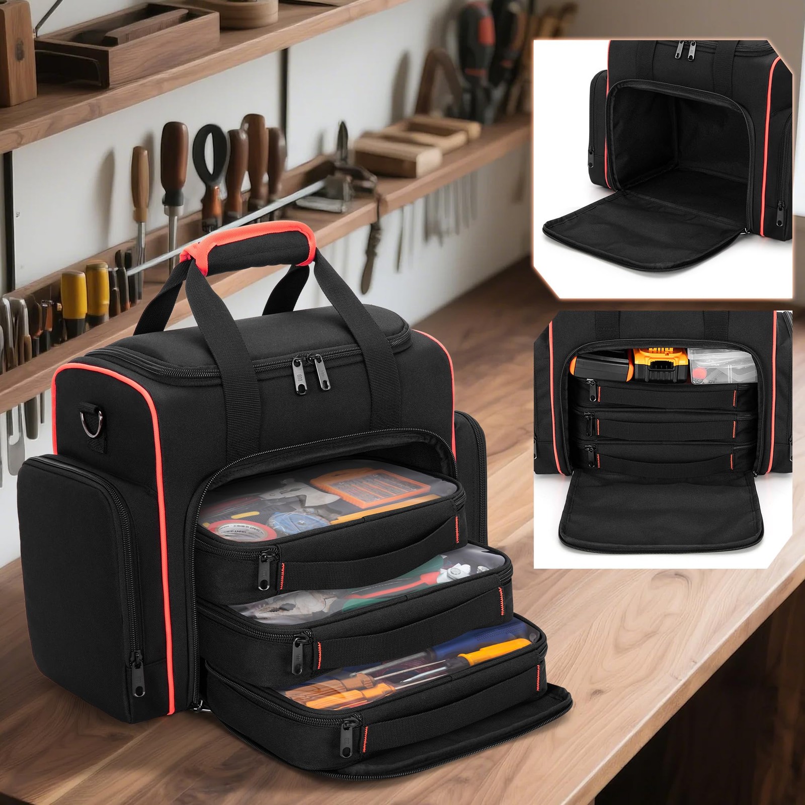 Marscamd Tool Bag with 3 Removable Cases, 2 Layers Black Red Binding
