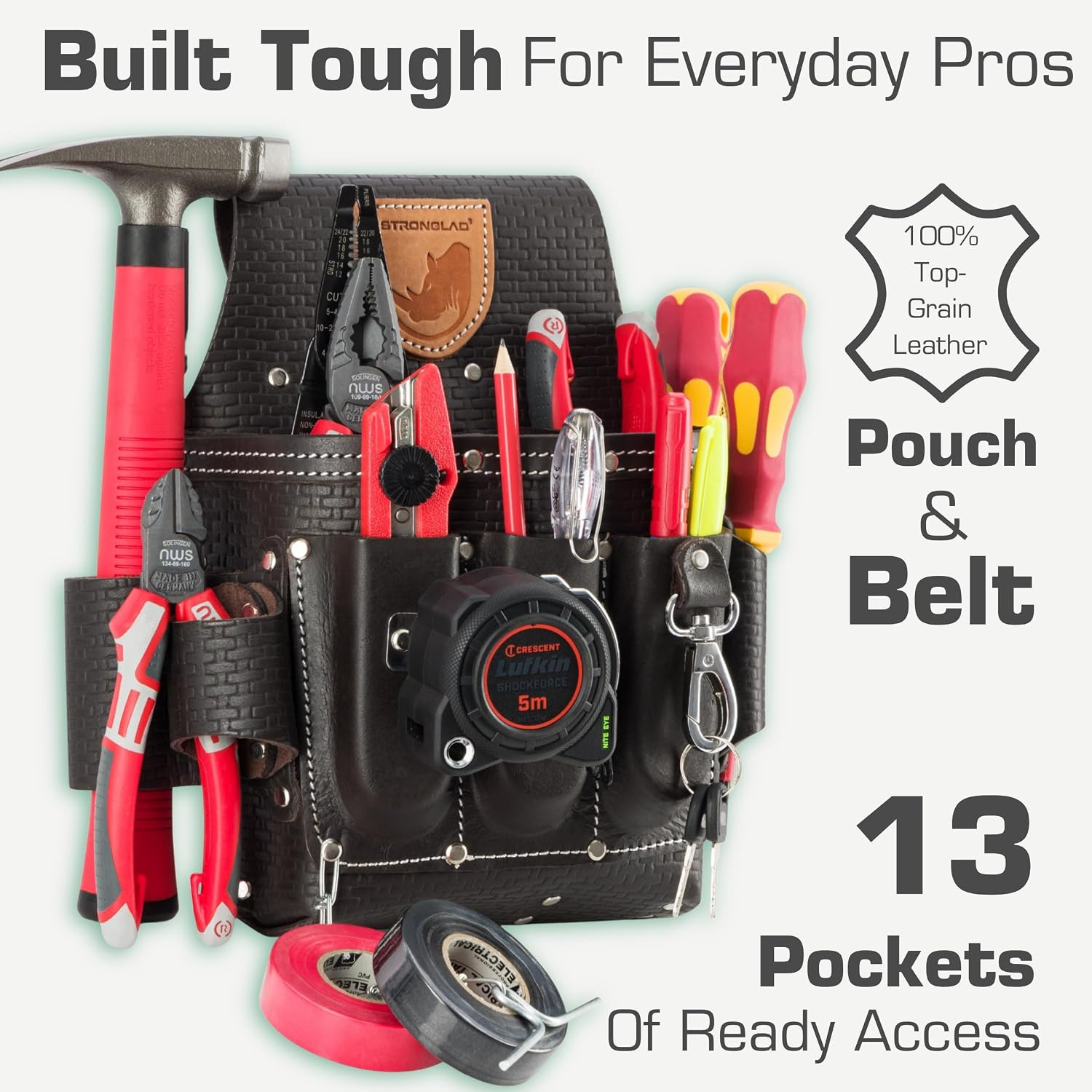 Electricians Tool Belt – Heavy Duty 13-Pocket Top Grain Leather Pouch, Adjustabl