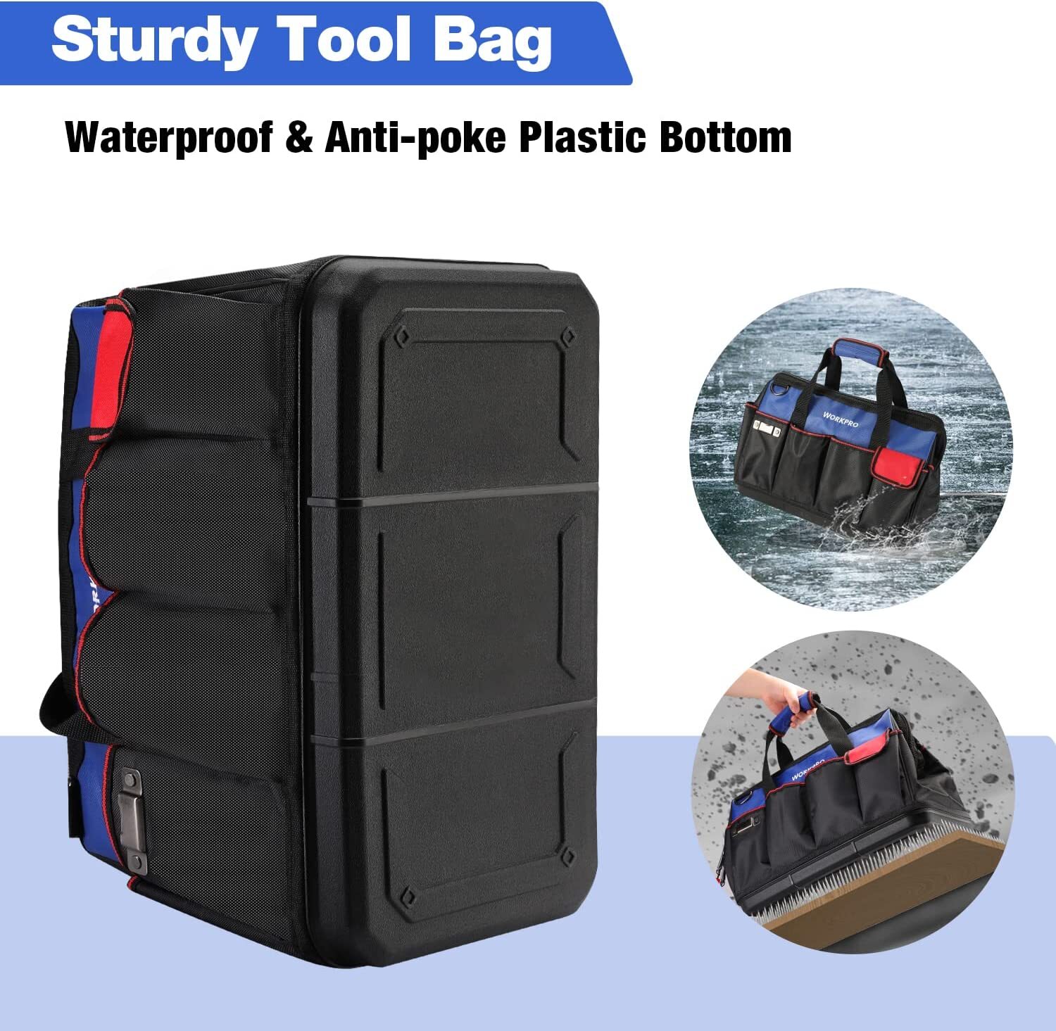 WORKPRO 18″ Tool Bag Zipper Top Tool Organizer Case Wide Mouth Open Black/Blue