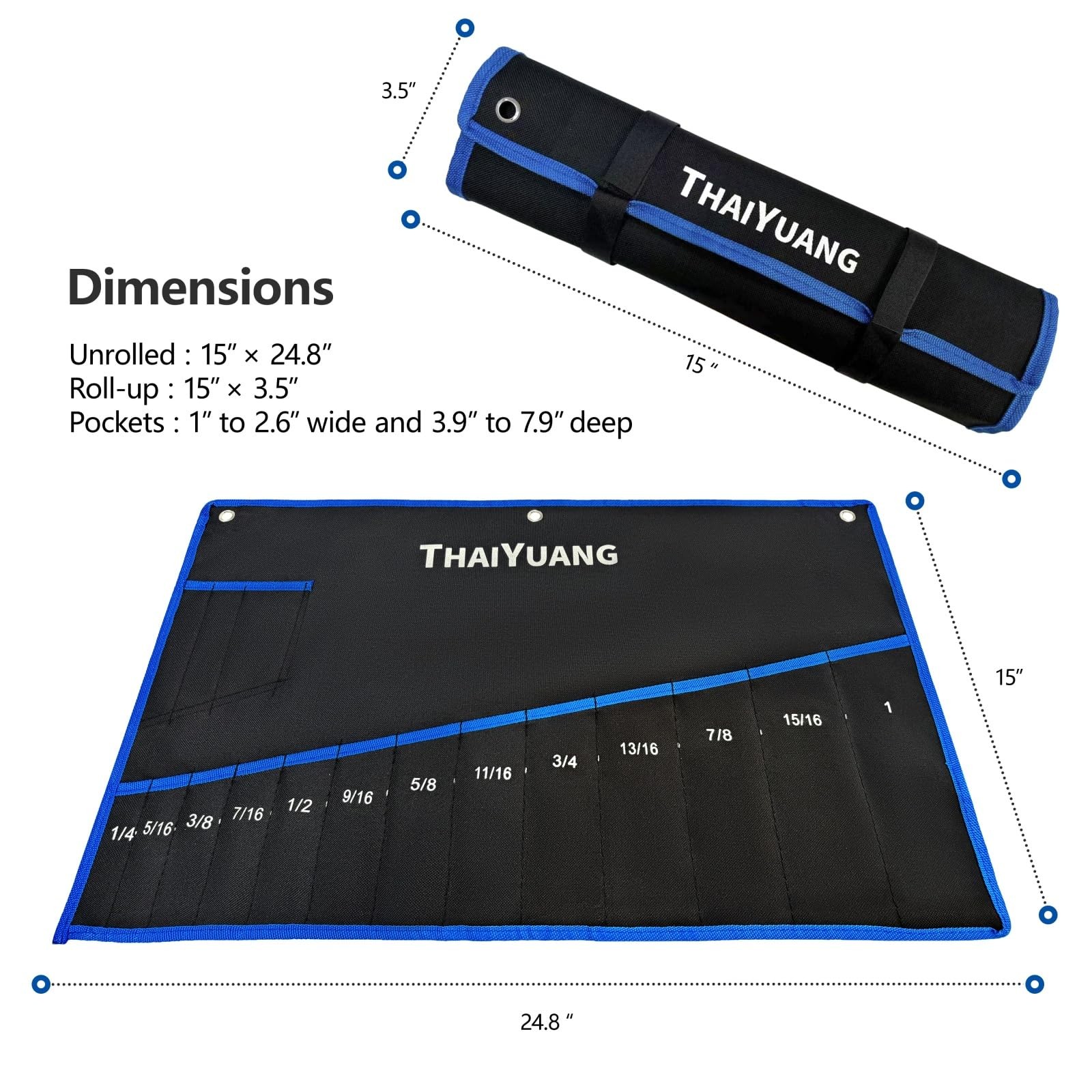THAIYUANG 2-Pieces Tool Bag 12pockets metric+13pockets SAE, Black and Blue