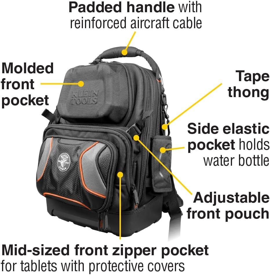 Klein Tools 55485 Tool Bag Backpack, Durable Electrician Backpack, Polyester