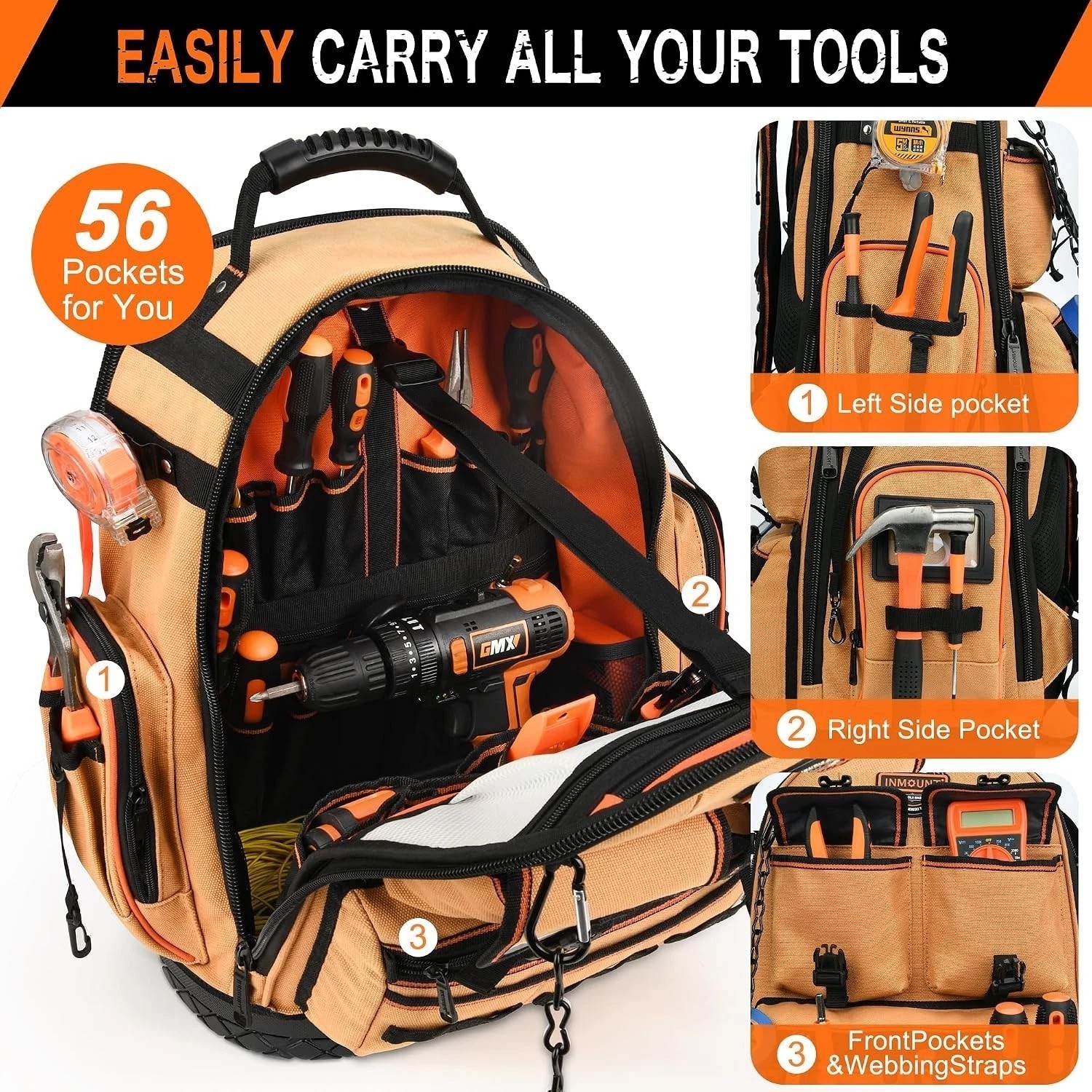 1680D Tool Backpack – Spacious 56-Pocket Organizer for Electricians & HVAC