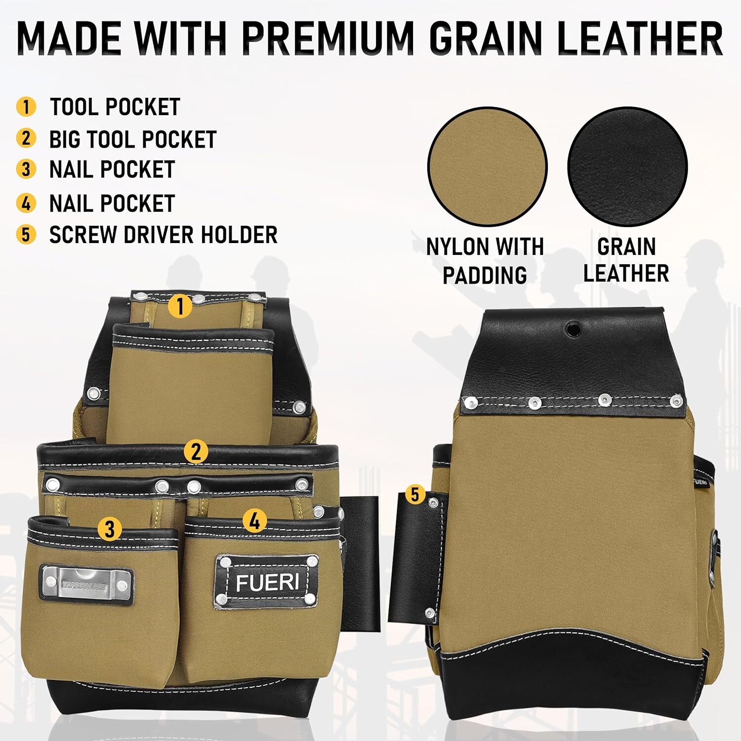 19 Pocket Tool Belt Men Heavy Duty Tool Pouch Nylon Leather Carpenters Bag