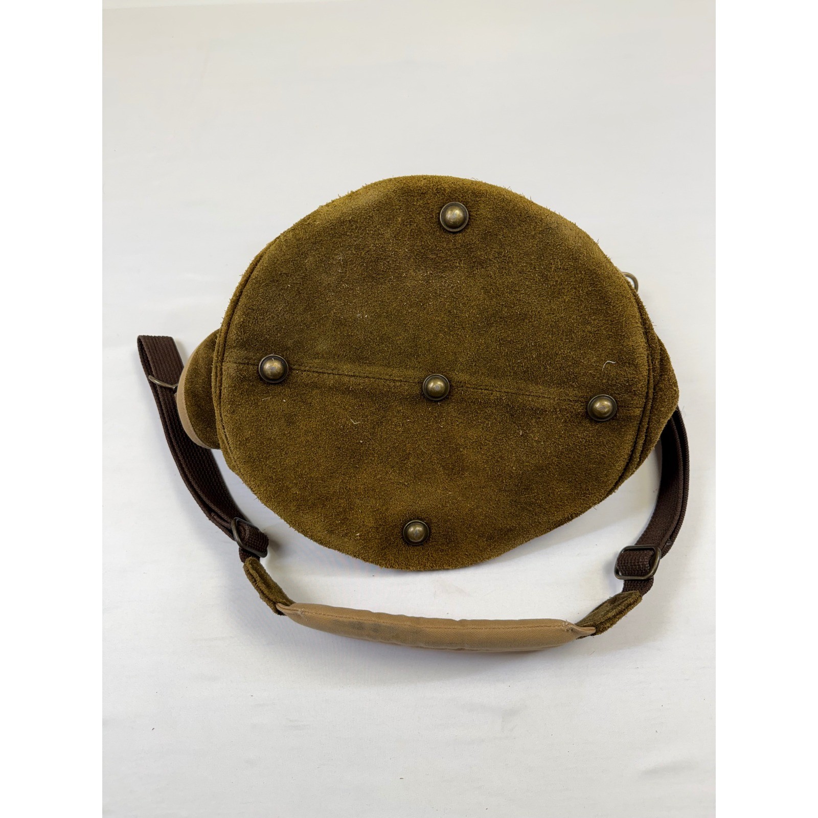 Round Suede Tool Bag Tote Canvas Trim Padded Handle Shoulder Strap Brown