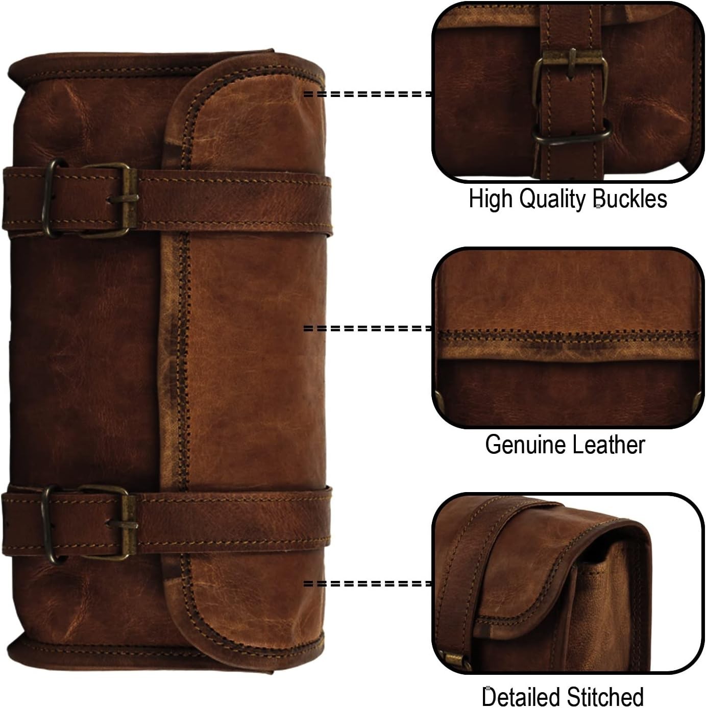 Genuine Goat Leather Vintage Motorcycle 2 Strap Buckle Closure Tool Brown Bag…