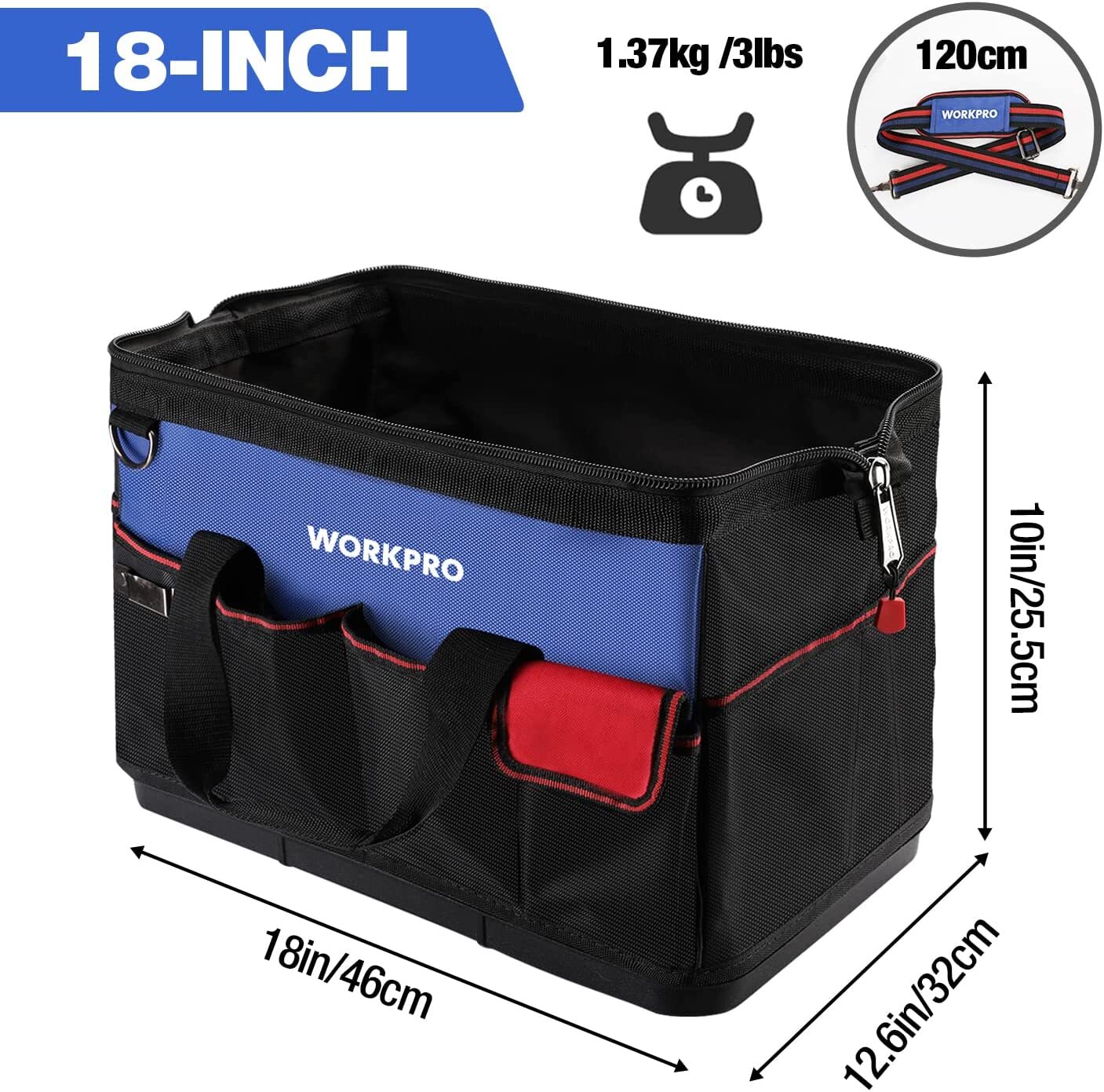 WORKPRO 18-in Tool Bag Tool Organizer Molded Base Open Top Bag w/Shoulder Strap