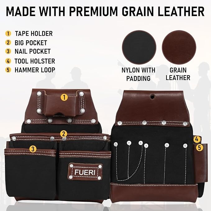 FUERI Tool Belt with Suspenders Heavy Duty Bags Pouches for Men Construction