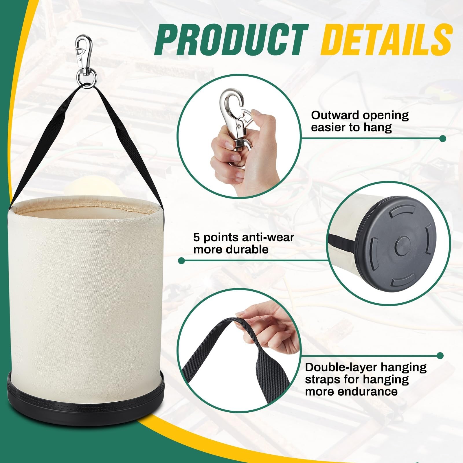 2 Pack Heavy Duty Canvas Bucket Tool Bag 15″ x 12″ with Plastic Bottom & Metal H
