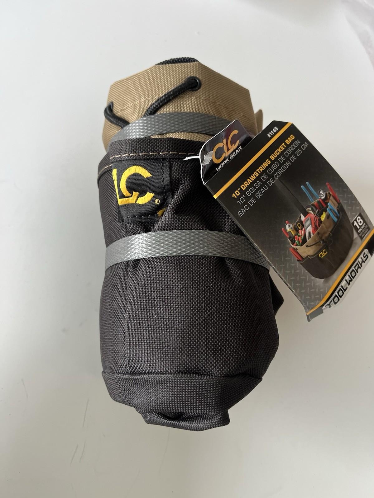 CLC Work Gear 1148 10 in Tool Bucket Drawstring Bag 18 Pocket Fabric Black/Tan