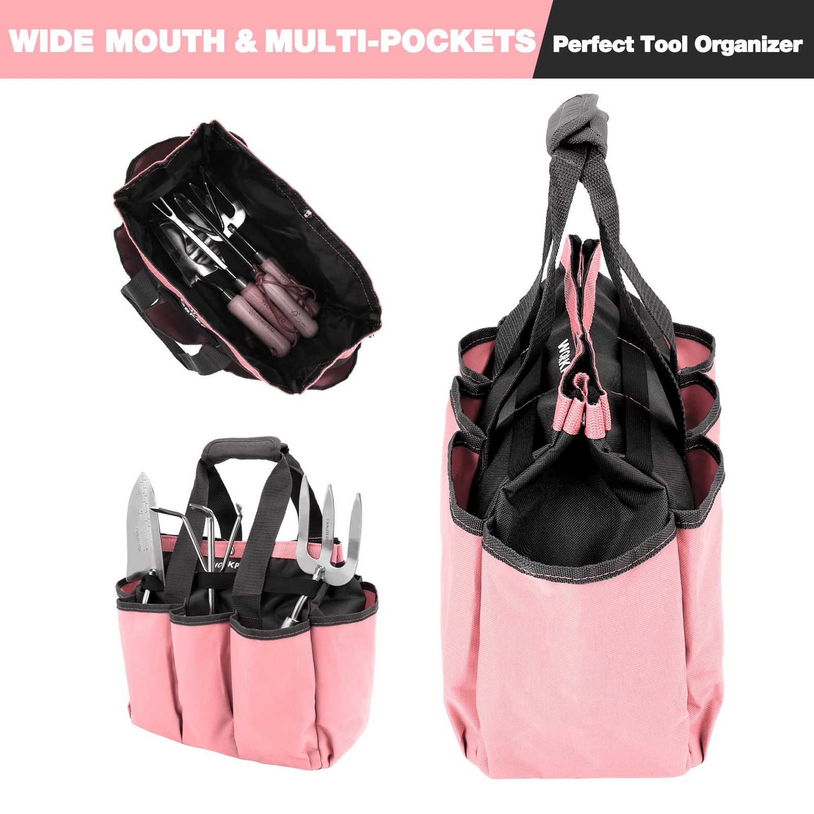 WORKPRO Garden Bag, Tool Tote Storage 16.5 x 9.6 x 13.4 inches, Pink