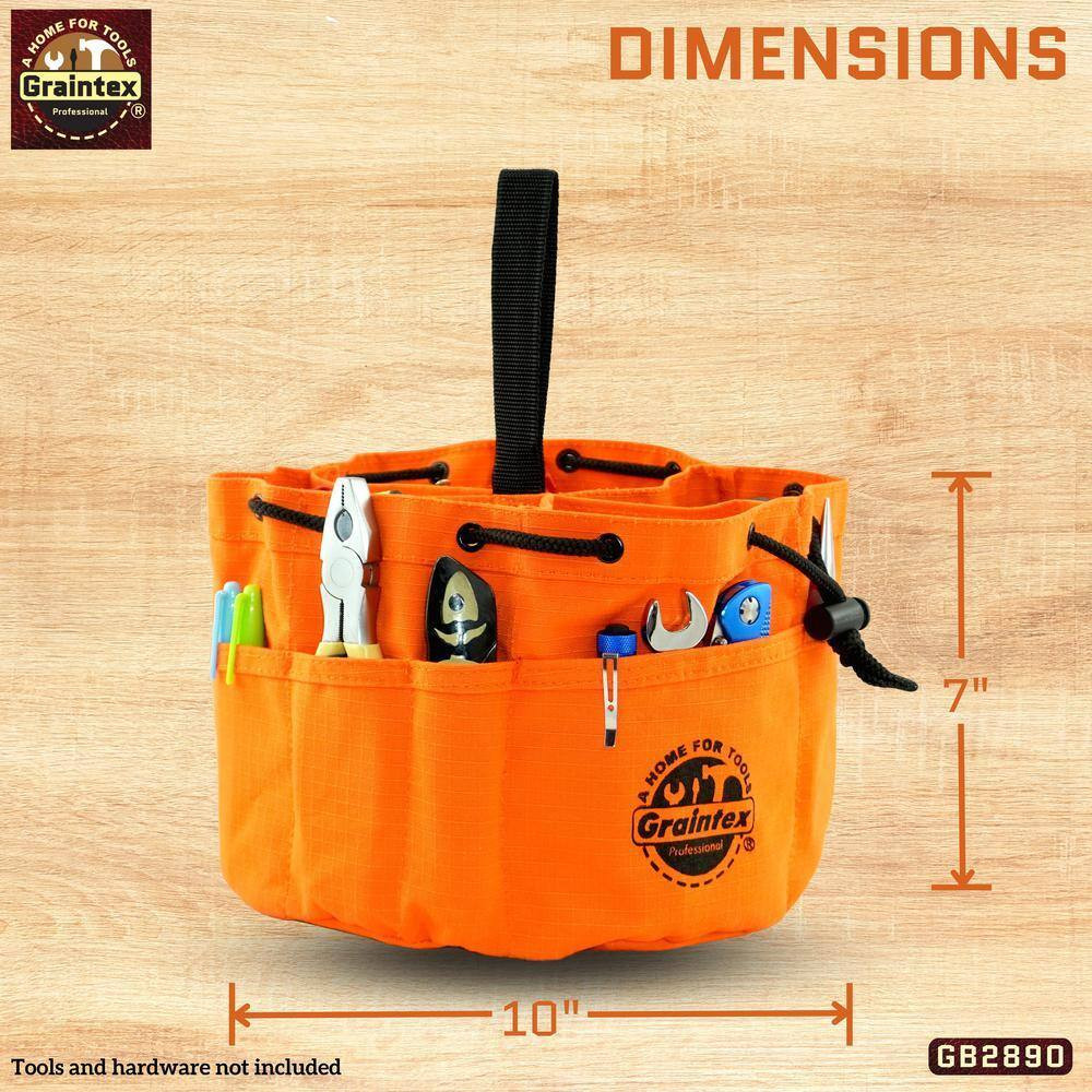 10 In. 6-Pocket Grab Tool Bag with Drawstring Closure in Orange Canvas