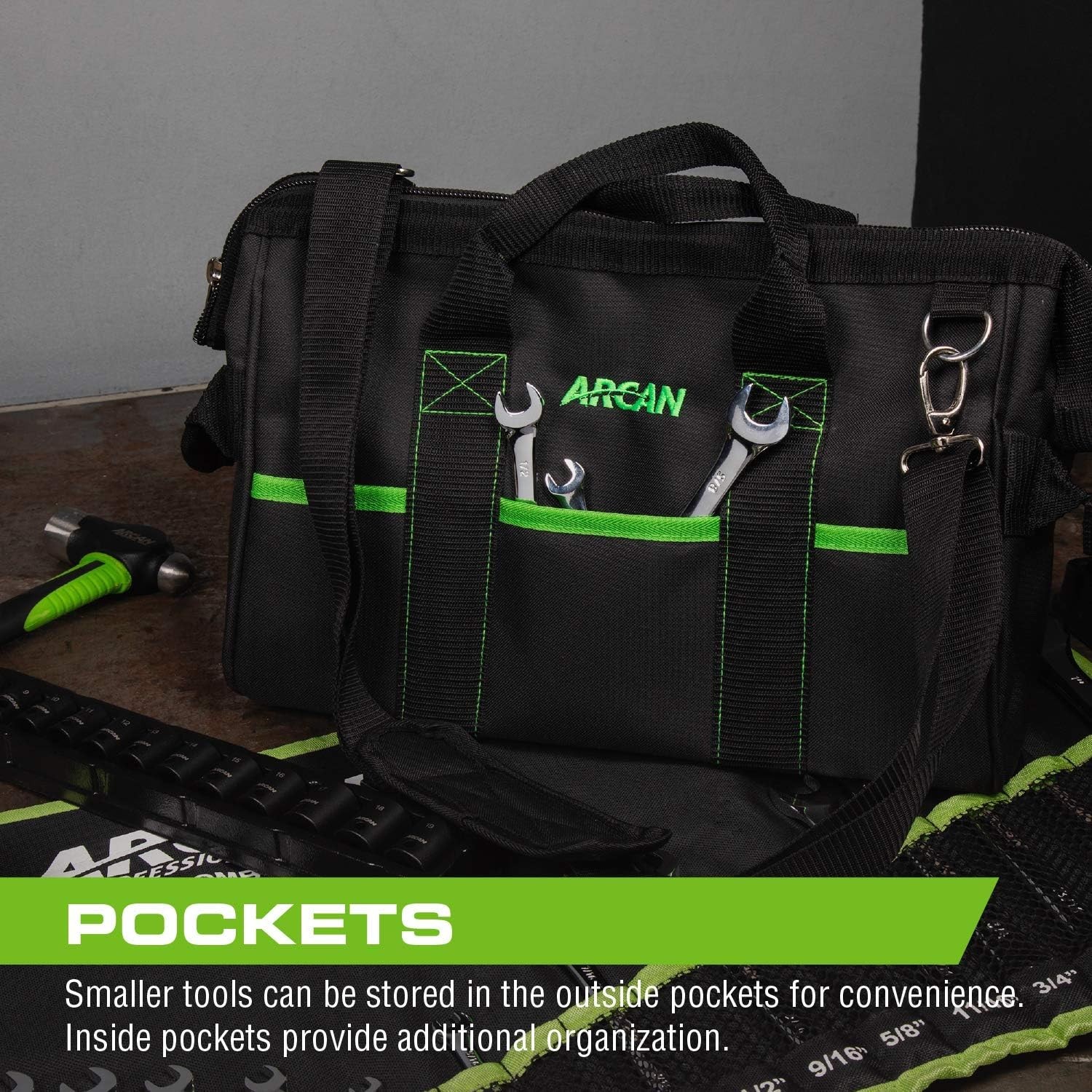 Arcan 16″ Tool Bag 6 Outside Pockets 8 Inside Pockets Shoulder Strap ABAG68