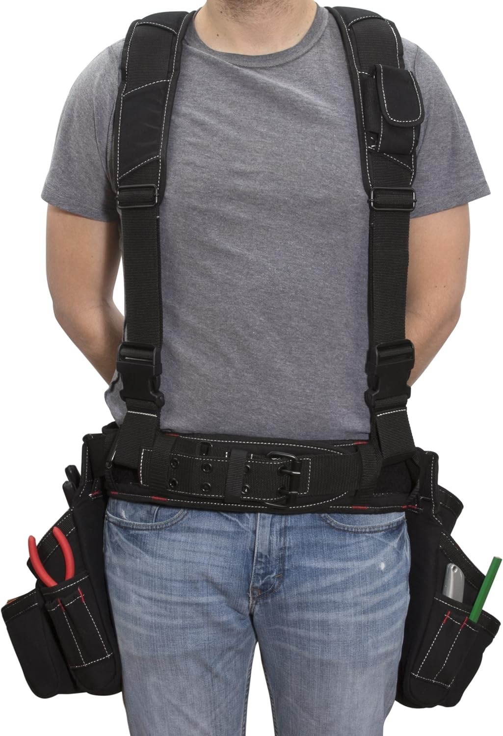 4-Piece Carpenter’s Work Rig, Padded Tool Belt Suspenders, Cooling Mesh, Leat…