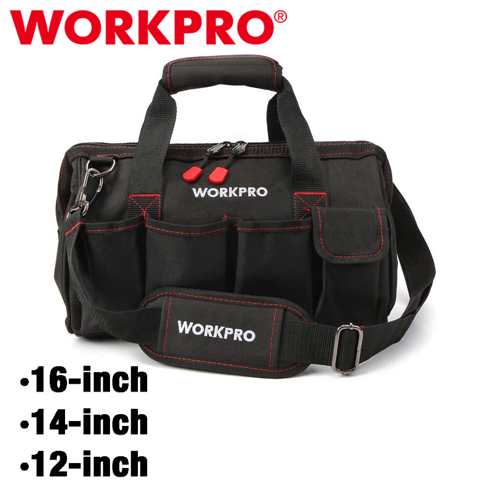 WORKPRO 16″/14″/12″ Wide Mouth Tool Bag Black Tool Storage Tote with Rubber Base