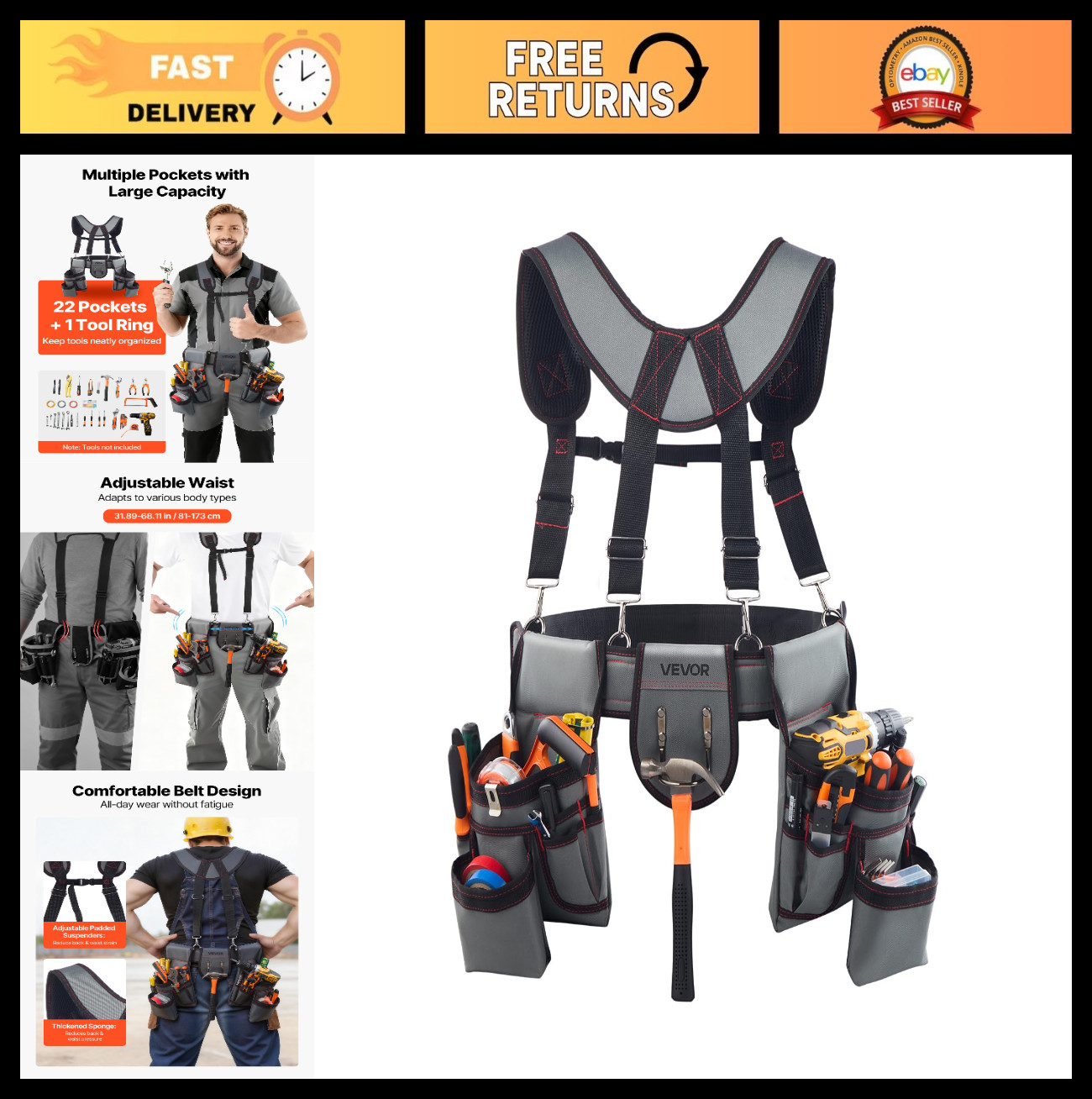 Heavy Duty Tool Belt with 22 Pockets, Adjustable Suspenders for Electricians & C