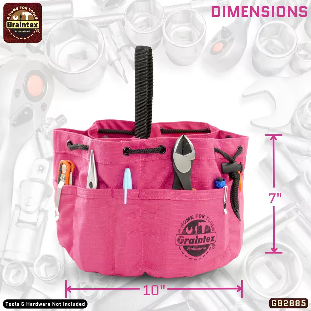 10 In. 18-Pocket Grab Tool Bag with Drawstring Closure in Pink Canvas