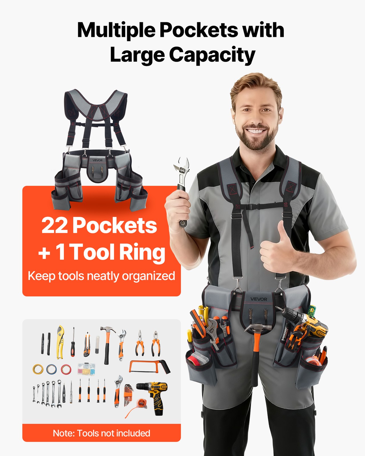 VEVOR Tool Belt Electricians Work Belt with Suspenders 22 Pocket Tool Pouch Bag