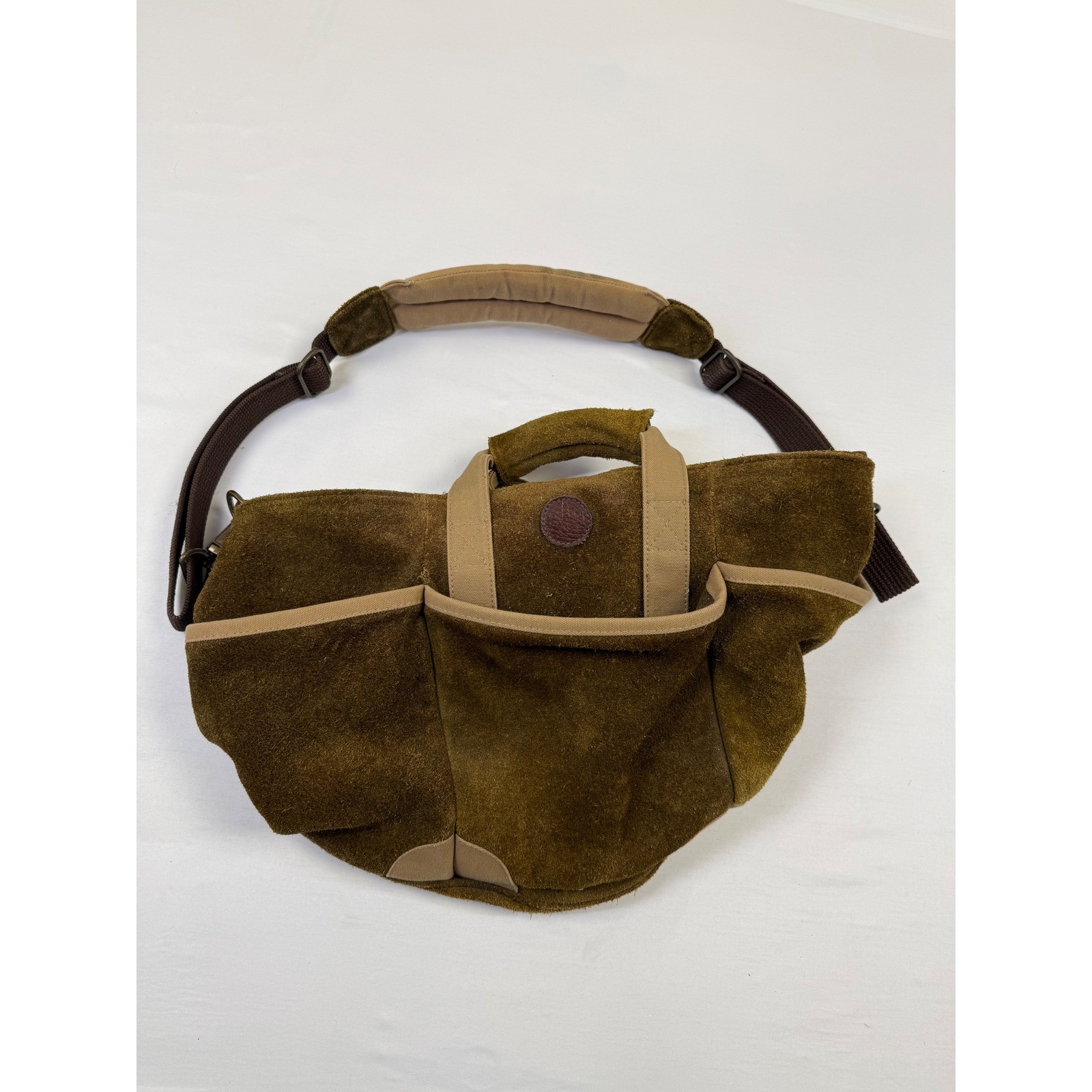 Round Suede Tool Bag Tote Canvas Trim Padded Handle Shoulder Strap Brown