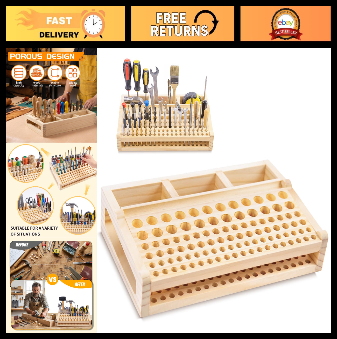 Leather Craft Tool Holder – 98 Holes Wooden Organizer Rack for Tools & Supplies