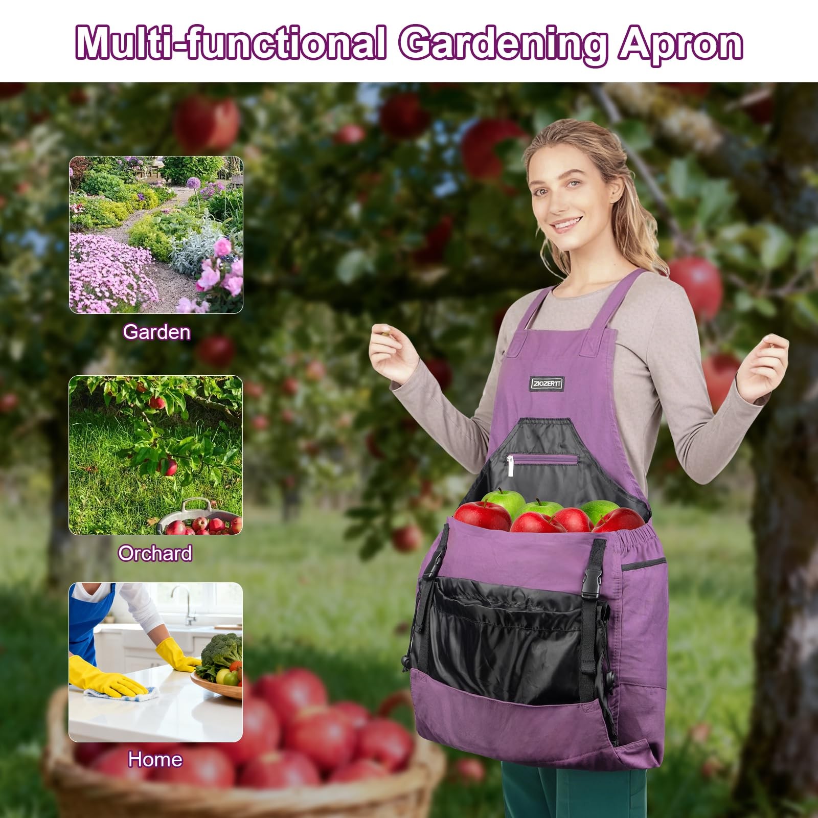 ZIOZERTT Garden Apron,Harvest Apron with Drawstring Bag and One Size, Purple