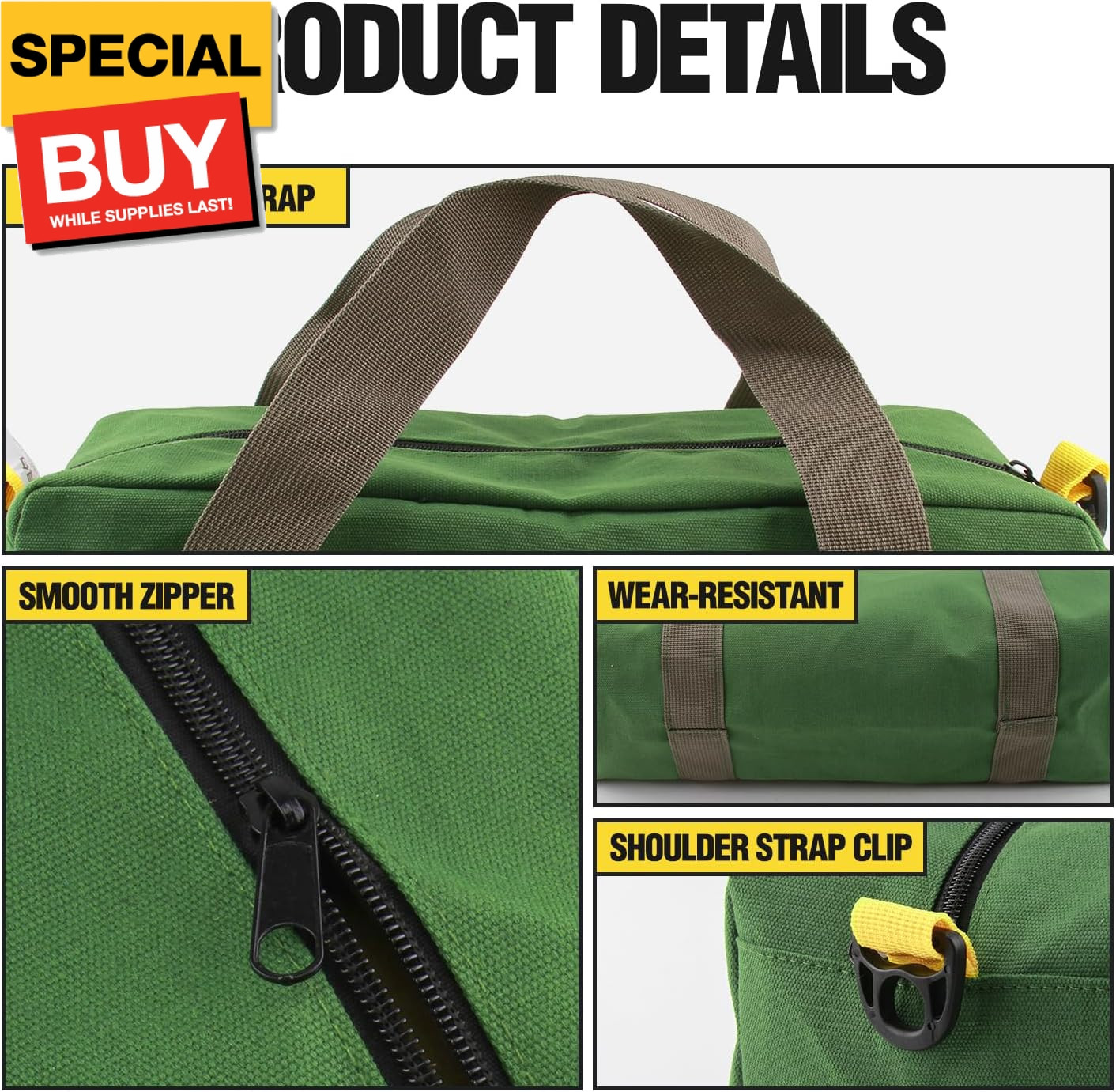 13 Inch Small Tool Bag, Canvas Tool Storage Bag, Large Capacity Multipurpose Zip